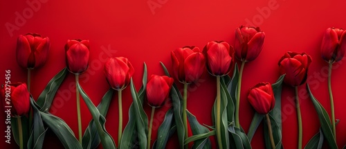 Bouquet of Red Tulips on Red Background