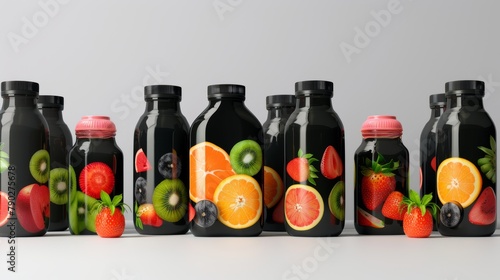 The carton packs for juice have a fruit print on the front and a view from the angle. The modern realistic mockup shows containers for a juicy drink with plastic caps and patterns of strawberry, photo
