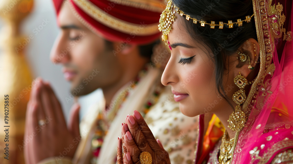 copy space, stockphoto, Young Indian couple praying in a temple, close-up portrait. Hidden camera photo of a young Indian couple praying. Hindu religion.