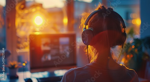 Person Wearing Headphones and Looking at Computer Screen