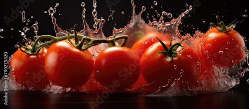 Tomatoes splashing in water on black surface