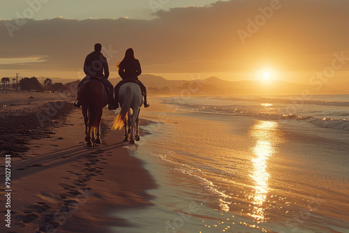 A photograph of a couple enjoying a romantic sunset horseback ride along the beach, the evening ligh © Oleksandr