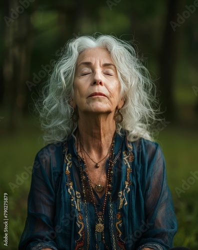 Woman With Grey Hair and Necklace
