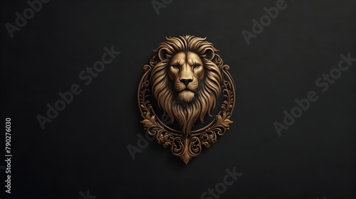lion head on black background A regal vector logo for "Regal Roar Creations," featuring a dignified depiction of a lion sitting majestically atop a stylized pedestal. The lion is rendered with intrica