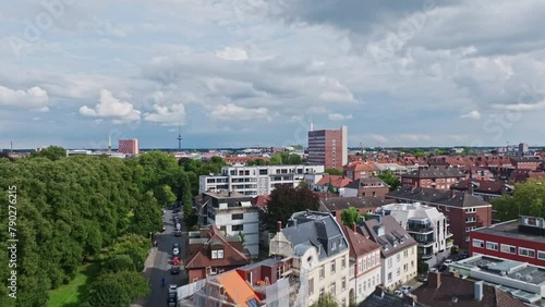 An aerial drone view of the old city ( Altstadt ) of Münster , Germany . photo