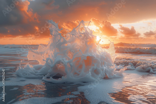 A photograph of a legendary ocean phoenix rebirth, emerging from sea foam and ascending into the sky