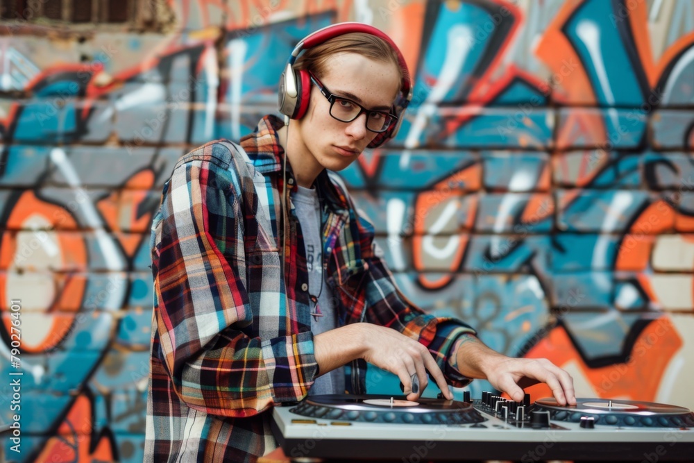 portrait of a young male nerd, pretending to be a DJ with records and wearing headphones, set against a graffiti-style background - obrazy, fototapety, plakaty 