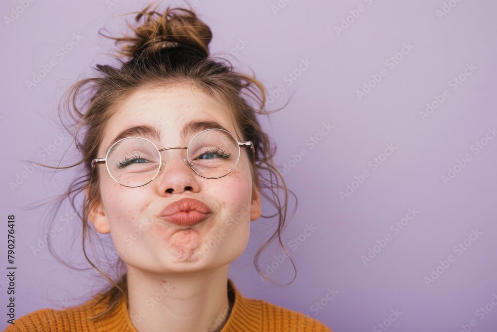 portrait of a young female nerd, making a funny face with pencil-lined eyebrows raised, against a soft lavender background portrait of a young female nerd, making a funny face with pencil-lined eyebrows raised, against a soft lavender background