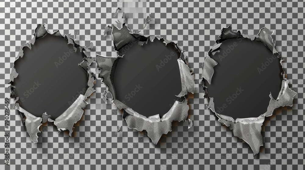 Rip holes in metal, ragged cracks, cut damage on steel sheet of ...