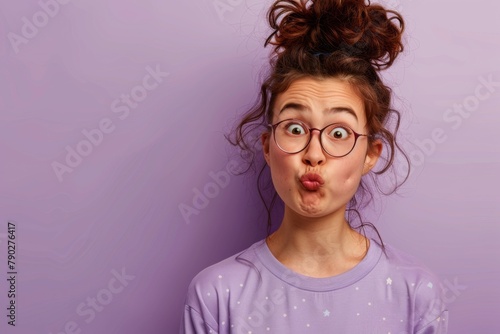 portrait of a young female nerd, making a funny face with pencil-lined eyebrows raised, against a soft lavender background