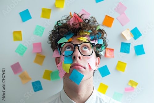 young male nerd, his face covered in sticky notes, looking bewildered, against a stark white background to emphasize his colorful predicament