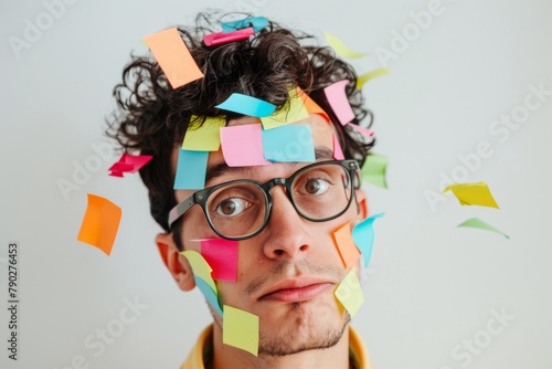 young male nerd, his face covered in sticky notes, looking bewildered, against a stark white background to emphasize his colorful predicament