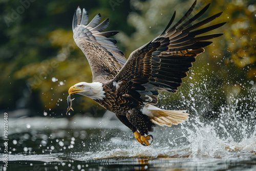 A photograph of a majestic bald eagle swooping down to snatch a fish from a sparkling river, demonst