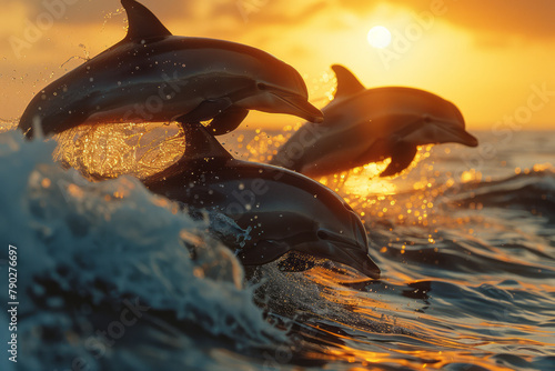 A photograph of a playful group of dolphins leaping joyously above the ocean waves at sunset, showca © Oleksandr