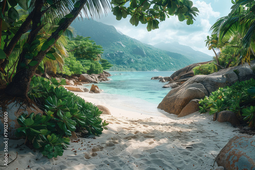 A photograph of a remote beach , framed by dramatic granite boulders and lush green photo