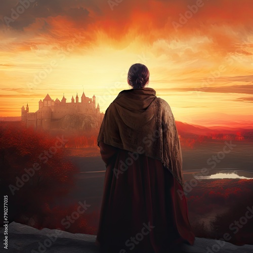 A medieval woman in brown robes, seen from behind looking at the horizon with an ancient castle far away under orange sunset sky.