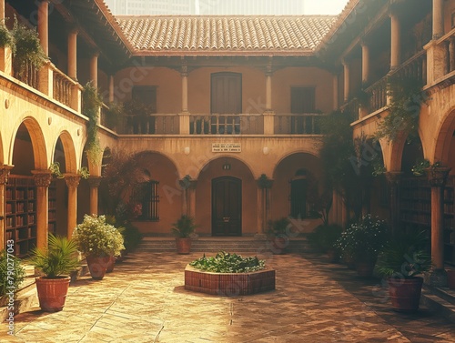 A courtyard with a fountain and potted plants. The courtyard is empty and the sun is shining on it photo