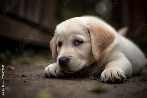 Cute Labrador puppy lying on the ground sad and depressed. His head resting between two paws, copy space for a text. Rescue and help abandoned animals, pets adoption concept.