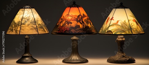 Three lamps featuring bird and flower designs