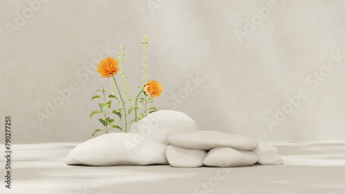 3D rendering illustration of empty space rock podium display and flower for product mockup