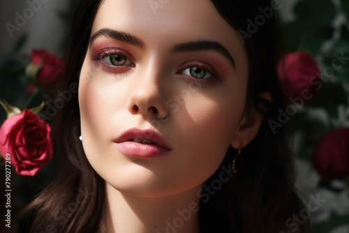 Wallpaper Mural A closeup portrait of an elegant woman with long dark hair, wearing pink eyeshadow, eyeliner and  blush on her cheeks, looking straight ahead with roses in the background.  Torontodigital.ca