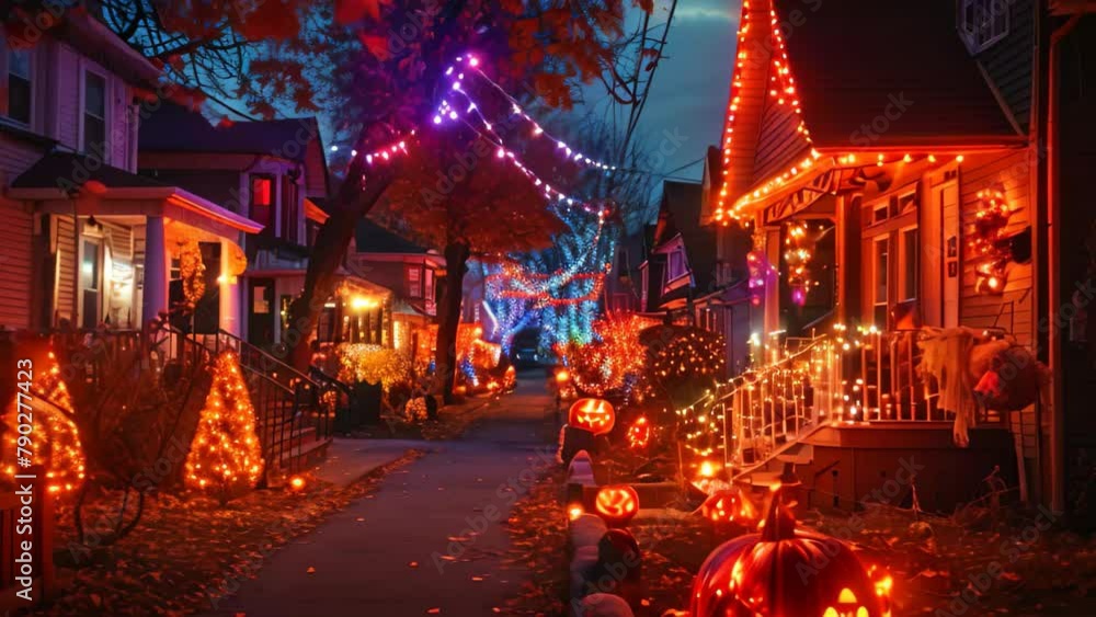 A lively neighborhood transforms into a Halloween wonderland, adorned with cheerful pumpkins and vibrant lights, Quaint neighborhood with houses decorated in Halloween-themed lights A lively neighborhood transforms into a Halloween wonderland, adorned with cheerful pumpkins and vibrant lights, Quaint neighborhood with houses decorated in Halloween-themed lights