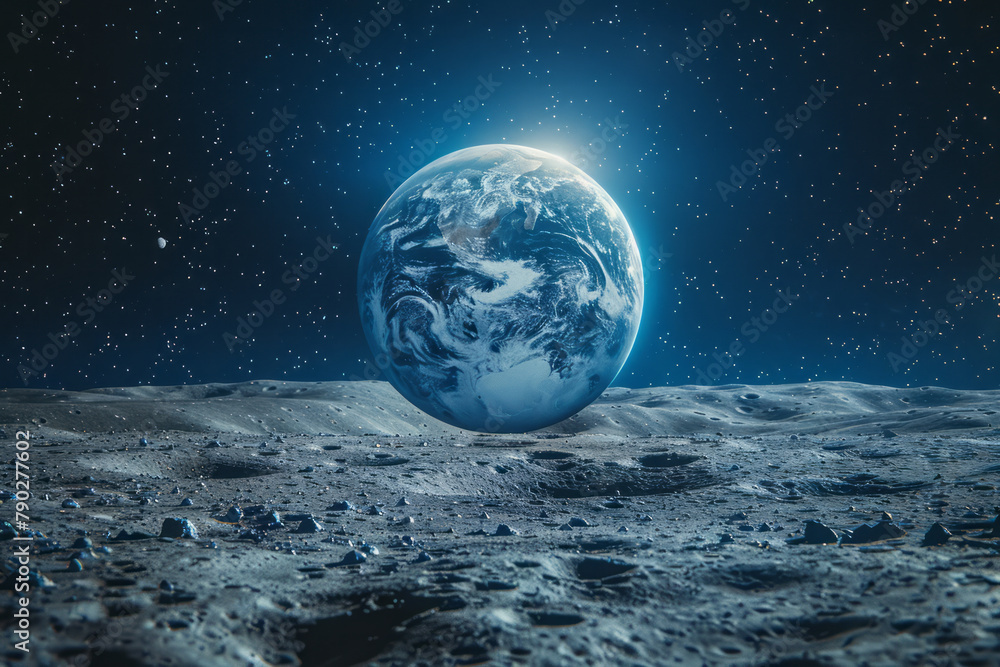 A photograph of Earth as seen from the Moon, the planet appearing as a bright blue marble against th A photograph of Earth as seen from the Moon, the planet appearing as a bright blue marble against th