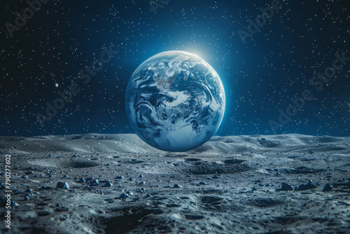 A photograph of Earth as seen from the Moon  the planet appearing as a bright blue marble against th