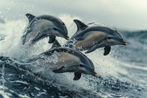 A photograph of playful dolphins jumping above the waves, their social behavior and intelligence cap