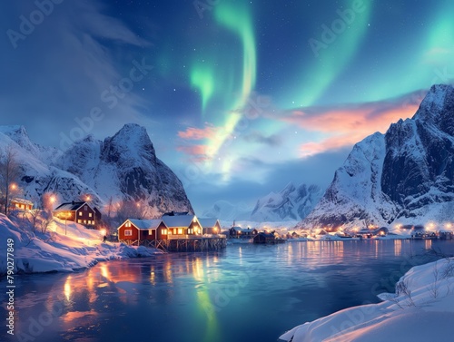 A beautiful winter scene with a lake and mountains in the background. The sky is filled with auroras, creating a magical and serene atmosphere. The houses along the shoreline are lit up, adding a warm photo