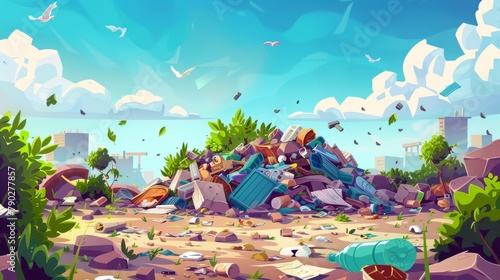 Environmental pollution concept, unsorted garbage pile on a natural landscape background. Messy wastes, rubbish, junk, hazardous littering, cartoon modern illustration.