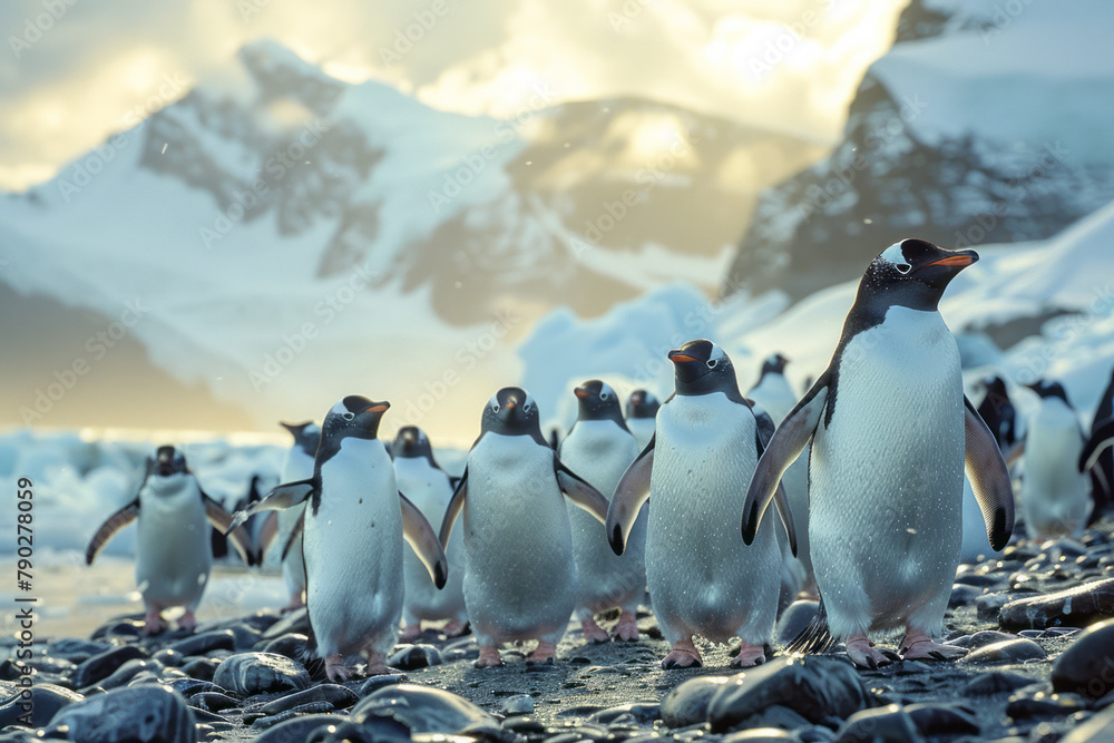 Fototapeta premium A scene capturing the quirky sight of a group of penguins waddling along an icy landscape, their soc