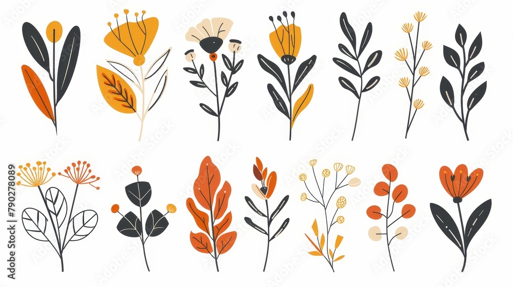 The collection of contemporary cutout flowers and shapes includes floral and abstract elements, leaves, spring art print with botanical icons on a white background, modern illustration. The collection of contemporary cutout flowers and shapes includes floral and abstract elements, leaves, spring art print with botanical icons on a white background, modern illustration.