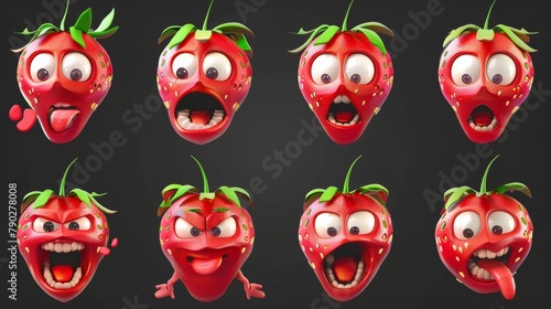 Various expressions of a strawberry from different angles. Fresh red berries with green leaves, faces with emotions, modern cartoon set with different faces. photo