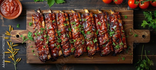 Wooden Cutting Board With Ribs and Sauce