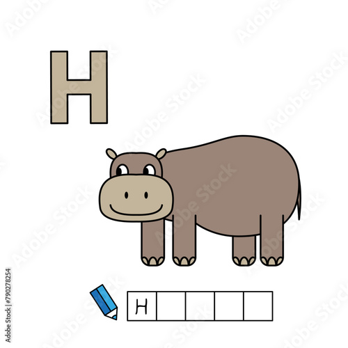Alphabet with cute cartoon animals isolated on white background. Learning to write game for children education. Vector illustration of hippo and letter H