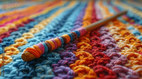 Colorful Crocheted Blanket With Knitting Needle