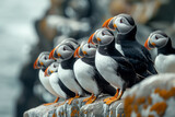 A scene depicting a group of puffins nesting on cliff edges, their colorful beaks bright against the