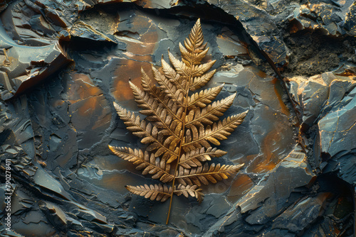 A scene depicting a perfectly preserved fossil imprint of a fern in sedimentary rock, showcasing its