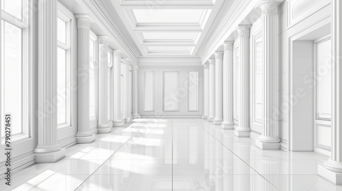Interior of an empty modern hall in perspective. White walls, columns, niches, inclining walls, modern illustration.