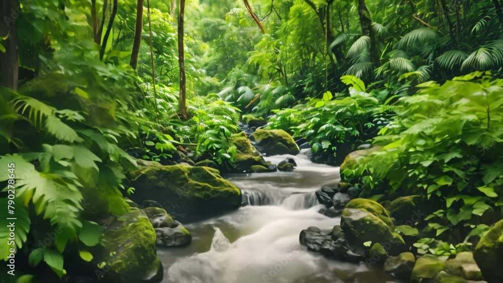 A vibrant stream cuts through a dense forest, surrounded by thick foliage and an abundance of greenery, River cascading through a lush rainforest A vibrant stream cuts through a dense forest, surrounded by thick foliage and an abundance of greenery, River cascading through a lush rainforest
