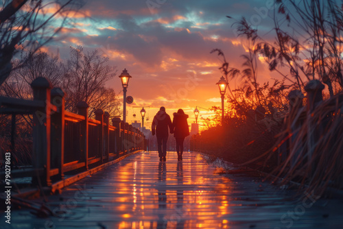 A scene depicting a quiet boardwalk, with couples strolling and enjoying the romantic atmosphere cre photo