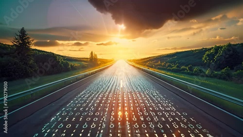 A busy urban road covered in numerous numbers and markings, boasting countless signs and symbols, Road disappearing into the horizon made of binary code