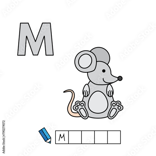 Alphabet with cute cartoon animals isolated on white background. Learning to write game for children education. Vector illustration of mouse and letter M (ID: 790279072)