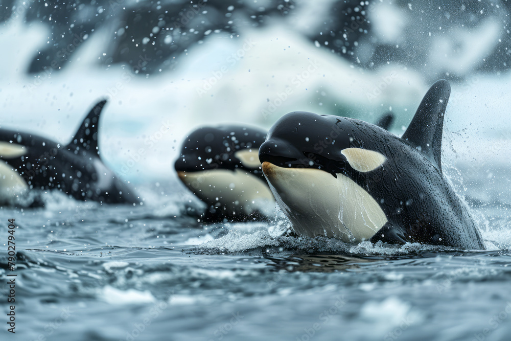 Fototapeta premium A scene of a pod of orcas hunting cooperatively near an ice floe, their powerful and strategic natur