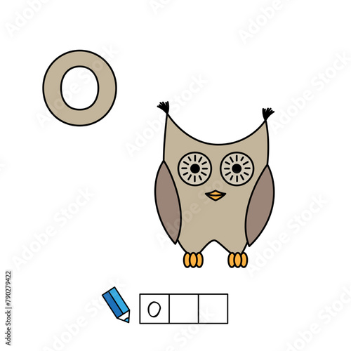 Alphabet with cute cartoon animals isolated on white background. Learning to write game for children education. Vector illustration of owl and letter O (ID: 790279422)