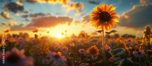 Sunflower Blooming in Field at Sunset