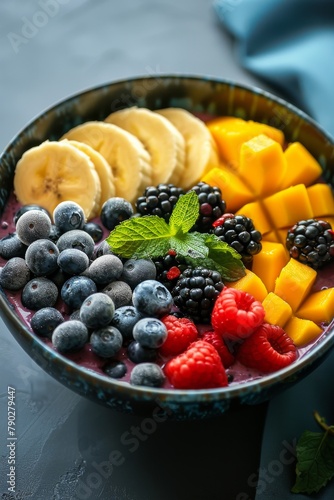 Bowl of Fruit With Bananas, Raspberries, and Blueberries