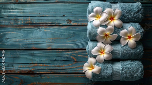 Stack of Blue Towels With White Flowers
