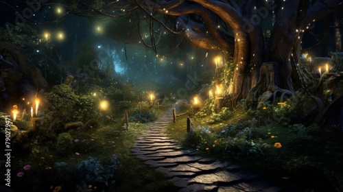 A mystical forest path lined with twinkling lights and mystical creatures, leading to an enchanted world right out of a fairy tale